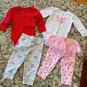 Carter’s Valentine Set 2 Long sleeve onesies 2 Pants EUC 12 Months